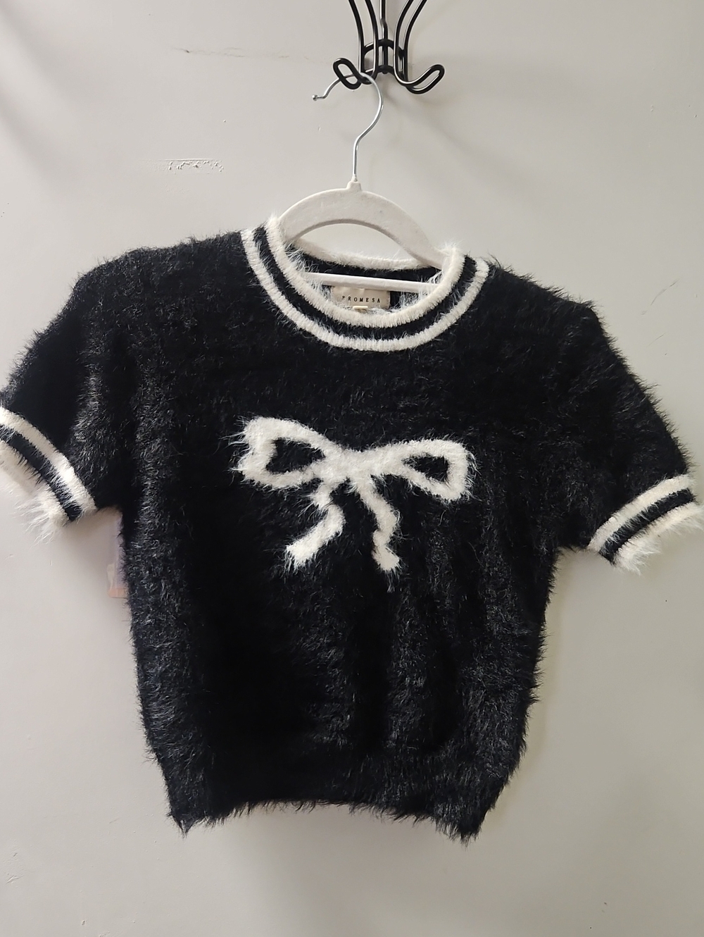 Promesa Black Fuzzy Short Sleeve Sweater with White Bow